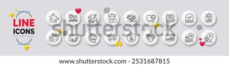 Friends chat, Silicon mineral and Report line icons. White buttons 3d icons. Pack of Internet notification, Add gift, Card icon. Grill place, No microphone, Timer pictogram. Vector