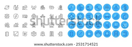 Night city, Construction toolbox and Parcel shipping line icons pack. Door, Engineering team, Square area web icon. Open door, Entrance, Charging time pictogram. Renewable power. Vector