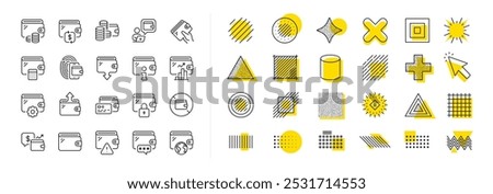 Money transfer, Credit card payment, Withdraw funds icons. Design shape elements. Wallet line icons. Cash purse, Fingerprint access and online Wallet. Vector