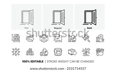 Delivery insurance, Paint roller and Excise duty line icons. Pack of Paint, Buildings, Power icon. House dimension, Floor plan, Gas price pictogram. Windmill, Construction toolbox, Open door. Vector