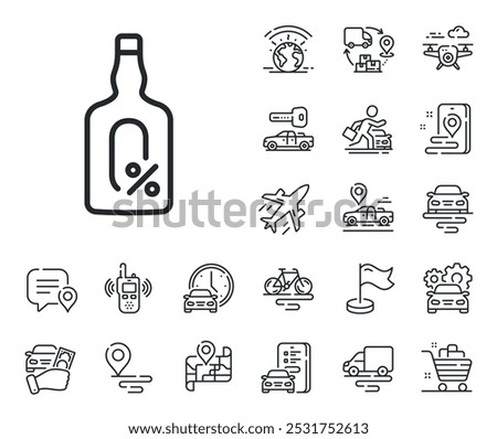 Whiskey bottle sign. Plane, supply chain and place location outline icons. Alcohol free line icon. Bar drink symbol. Alcohol free line sign. Taxi transport, rent a bike icon. Travel map. Vector