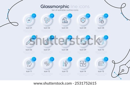 Set of Charging station, Update data and Qr code line icons for web app. Pencil, Puzzle, Power certificate icons. Idea, Disaster, Vaccination announcement signs. Digestion, Attached info. Vector