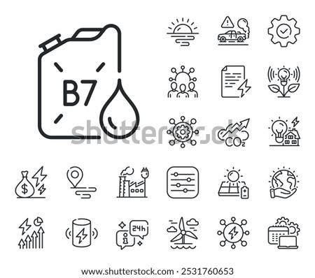 DD liquid fuel sign. Energy, Co2 exhaust and solar panel outline icons. Diesel canister line icon. B7 petroleum container symbol. Diesel canister line sign. Eco electric or wind power icon. Vector