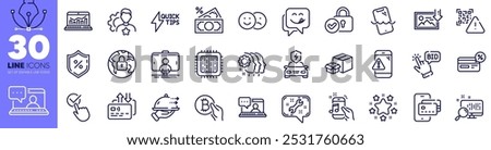 Money tax, Yummy smile and Lock line icons pack. Spanner, Verified locker, Checkbox web icon. Packing boxes, Bitcoin pay, Bid offer pictogram. Smartphone waterproof, Friends chat. Vector