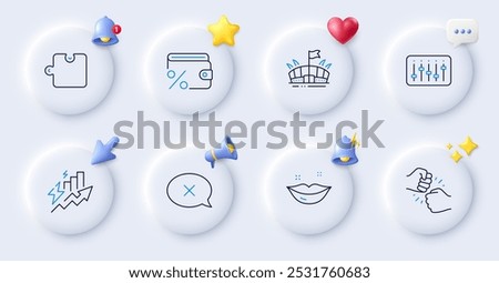 Consumption growth, Puzzle and Lips line icons. Buttons with 3d bell, chat speech, cursor. Pack of Arena, Reject, Dj controller icon. Fist bump, Savings tax pictogram. For web app, printing. Vector