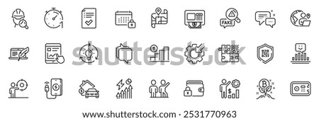 Icons pack as Safe box, Timer and Copyright laptop line icons for app include Employees wealth, Qr code, Inspect outline thin icon web set. Lock, Bitcoin project, Messenger pictogram. Vector