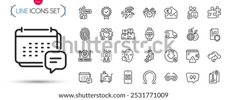 Pack of Truck delivery, Certificate and Euro money line icons. Include Face search, Omega, Wallet pictogram icons. Cloud share, Yoga, Quote bubble signs. Love couple, Wholesale inventory. Vector