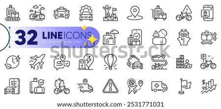 Outline set of Pin, Plane and Ship line icons for web with Car registration, Charging time, Delivery man thin icon. Inventory, Car service, Baggage cart pictogram icon. Pin marker. Vector