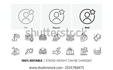 Best friend, Winner cup and Fish line icons. Pack of Yoga, Flags, Sports stadium icon. Whistle, Boat fishing, Empower pictogram. Fishing lure, Sports arena, Fitness water. Boat, Diploma. Vector