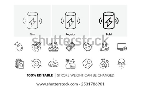 Bike, Inspect and Bacteria line icons. Pack of Security confirmed, Cogwheel, Bitcoin icon. Charge battery, Cleanser spray, Monitor settings pictogram. Loyalty points, Water drop, Puzzle. Vector