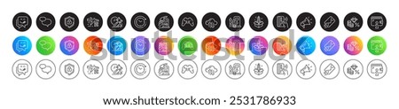 Shield, Cloud sync and Money tax line icons. Round icon gradient buttons. Pack of Startup, Time change, Yummy smile icon. E-mail, Gamepad, Wallet pictogram. Vector