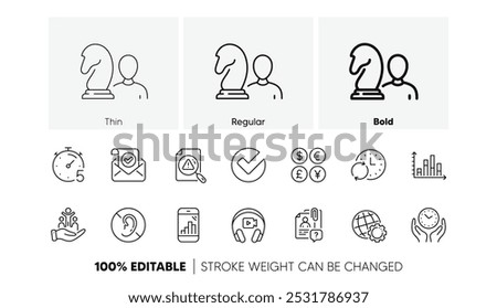 Headphones, Confirmed mail and Inclusion line icons. Pack of Update time, Globe, Graph phone icon. Timer, Search employee, No hearing pictogram. Safe time, Search document, Chess. Line icons. Vector