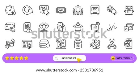 Group, Phone timing and Get box line icons for web app. Pack of Recovery server, Timer, Ssd pictogram icons. Image carousel, Internet documents, Checkbox signs. Money, Cut, Touchscreen gesture. Vector