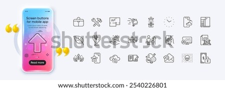 Sodium mineral, Time and Upload line icons for web app. Phone mockup gradient screen. Pack of Business results, Vip phone, Cloud sync pictogram icons. Vector