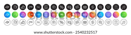 Clipboard, Chemistry lab and Musical note line icons. Round icon gradient buttons. Pack of Dollar exchange, Internet report, Keywords icon. Ranking star, Marketing, Winner ribbon pictogram. Vector