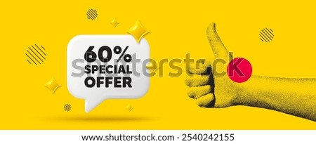 Hand showing thumb up like sign. 60 percent discount offer tag. Sale price promo sign. Special offer symbol. Discount chat box 3d message. Grain dots hand. Like thumb up sign. Vector