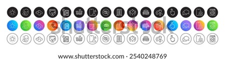 Not looking, Face search and Arena line icons. Round icon gradient buttons. Pack of Hand click, Phone warning, Brand icon. Timer, Wallet, Star pictogram. Sports stadium, Chat message, Door. Vector