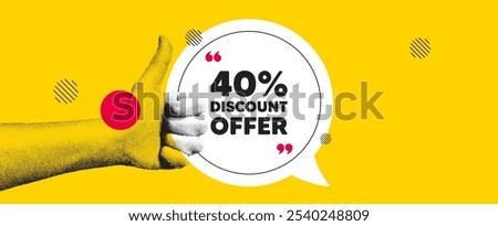 Hand showing thumb up like sign. 40 percent discount tag. Sale offer price sign. Special offer symbol. Discount chat bubble message. Grain dots hand. Like thumb up sign. Vector