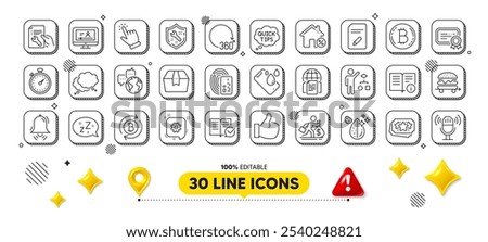 Salary, Package box and Algorithm line icons pack. 3d design elements. Refresh bitcoin, Online video, Smartphone waterproof web icon. Sleep, Quick tips, Food delivery pictogram. Vector