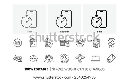 Video conference, Copyright and Winner ribbon line icons. Pack of Laptop, Pin, Checklist icon. Inflation, E-mail, Cyber attack pictogram. Creativity, Teamwork, Fake news. Timer app. Line icons. Vector