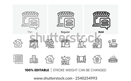 Home moving, Square meter and Buildings line icons. Pack of Mortgage, Food market, Market icon. Buying house, Open door, Inspect pictogram. Property agency, Arena stadium, Fingerprint access. Vector