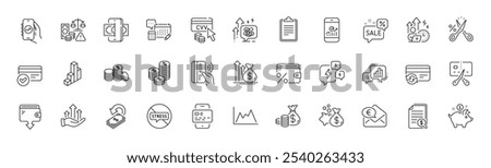 Discounts bubble, Fraud and Financial app line icons. Pack of Wallet, Stress, 3d chart icon. Clipboard, Saving money, Contactless payment pictogram. Savings tax, Coins bag, Cashback. Vector