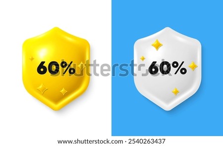 60 percent off sale tag. Shield 3d icon banner with text box. Discount offer price sign. Special offer symbol. Discount chat protect message. Shield speech bubble banner. Vector