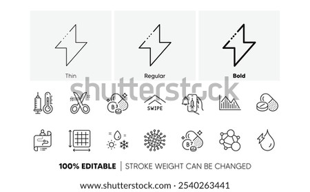 Square area, Biotin vitamin and Vaccine announcement line icons. Pack of Hydroelectricity, Scissors, Medical drugs icon. Coronavirus, Investment graph, Swipe up pictogram. Thermometer. Vector