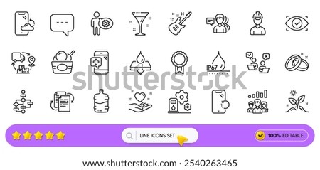 Water resistant, Smartphone cloud and Smartphone recovery line icons for web app. Pack of Waterproof, Electric guitar, People pictogram icons. Cocktail, Hold heart, Ice cream signs. Search bar. Vector