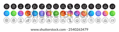 Scarf, Refrigerator and Podcast line icons. Round icon gradient buttons. Pack of Location, Friends couple, Romantic dinner icon. Luggage trolley, Calculator target, University campus pictogram. Vector