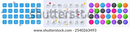 Seafood, Music phone and Cloud sync line icons. Square, Gradient, Pin 3d buttons. AI, QA and map pin icons. Pack of Legal documents, Message, Sleep icon. Vector