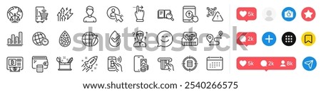 Refrigerator, Energy inflation and Wallet line icons pack. Social media icons. Support consultant, User, Credit card web icon. Artificial colors, Swipe up, Time zone pictogram. Environment day. Vector