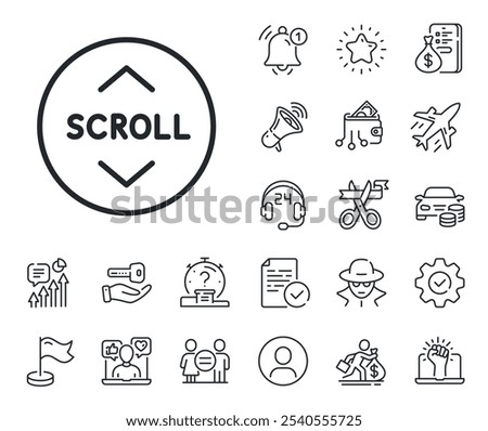 Scrolling screen sign. Salaryman, gender equality and alert bell outline icons. Scroll down button line icon. Swipe page. Scroll down line sign. Spy or profile placeholder icon. Vector