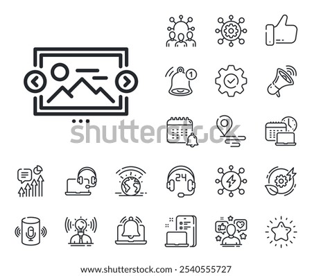 Photo thumbnail sign. Place location, technology and smart speaker outline icons. Image carousel line icon. Album picture placeholder symbol. Image carousel line sign. Vector