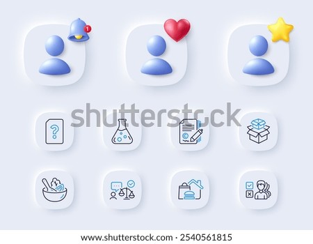 Opinion, Chemistry lab and Lawyer line icons. Placeholder with 3d bell, star, heart. Pack of Packing boxes, Salad, Unknown file icon. Food delivery, Copywriting pictogram. Vector