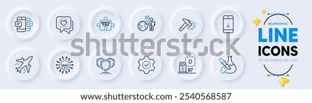 Outsource work, Plane and Diesel station line icons for web app. Pack of Cyber attack, Shields, Scroll down pictogram icons. Friends chat, Hammer blow, Execute signs. Quick tips. Vector