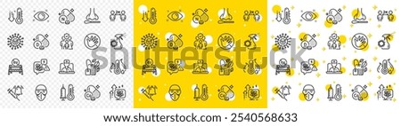 Outline Mint bag, Coronavirus and Stress line icons pack for web with Thermometer, Low thermometer, Social distancing line icon. Nasal test, Stress grows, Cobalt mineral pictogram icon. Vector