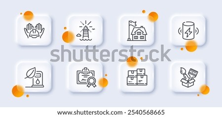 Building, Lighthouse and Builders union line icons pack. 3d glass buttons with blurred circles. Charge battery, Certificate, Petrol station web icon. Wholesale inventory, Brush pictogram. Vector