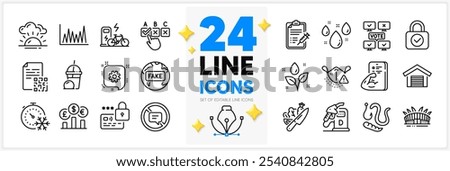 Icons set of Rainy weather, Stop talking and Worms line icons pack for app with Lock, Electric bike, Vaccine report thin outline icon. Fitness, Online voting, Cogwheel pictogram. Vector