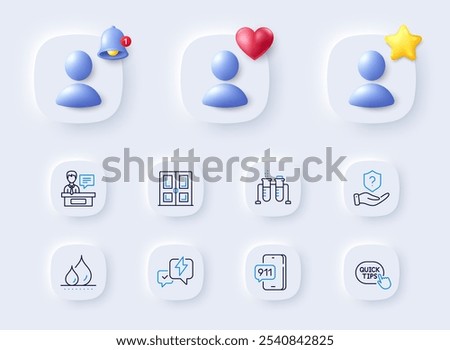 Emergency call, Protection shield and Waterproof line icons. Placeholder with 3d bell, star, heart. Pack of Chemistry beaker, Door, Quick tips icon. Exhibitors, Lightning bolt pictogram. Vector