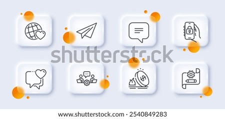 Paper plane, Locked app and Gas price line icons pack. 3d glass buttons with blurred circles. Cogwheel blueprint, Teamwork, Friends world web icon. Text message, Heart pictogram. Vector