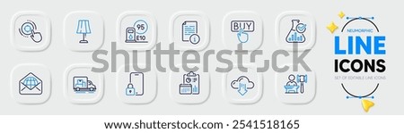 Report, Lock and Cloud download line icons for web app. Pack of Buying, Chemistry lab, Seo target pictogram icons. Table lamp, Manual, Web mail signs. Auction, Petrol station, Truck transport. Vector