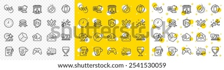 Outline Capsule pill, 360 degree and Approved agreement line icons pack for web with Chef, Send mail, Gamepad line icon. Dice, Clock, Market buyer pictogram icon. Ole chant, Quality. Vector