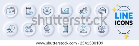 Seo phone, Message and Cake line icons for web app. Pack of Delivery, Graph chart, Chemical hazard pictogram icons. Ship travel, Dollar wallet, Grill signs. Winner, Training results. Vector