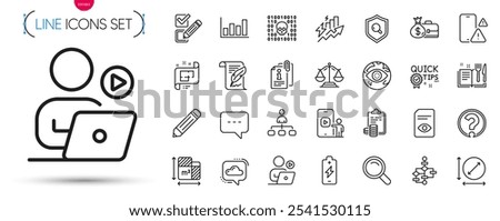 Pack of Phone warning, Checkbox and Attached info line icons. Include Salary, Circle area, Feather pictogram icons. Accounting, Cyber attack, Report diagram signs. Battery charging. Vector