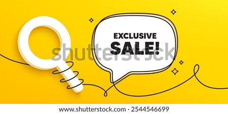 Exclusive Sale tag. Continuous line chat banner. Special offer price sign. Advertising Discounts symbol. Exclusive sale speech bubble message. Wrapped 3d search icon. Vector