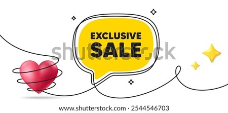 Exclusive Sale tag. Continuous line art banner. Special offer price sign. Advertising Discounts symbol. Exclusive sale speech bubble background. Wrapped 3d heart icon. Vector