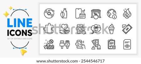 Call center, Heart rating and Ice cream line icons set for app include View document, Accepted payment, Phone calendar outline thin icon. Hot loan, Computer cables, Hold heart pictogram icon. Vector