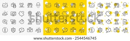 Outline Puzzle, Question mark and Global business line icons pack for web with Time, First aid, Info line icon. Music, Sunny weather, Medical tablet pictogram icon. Skin condition, Timer. Vector