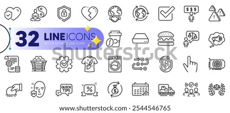 Outline set of Takeaway coffee, Mini pc and Squad line icons for web with Survey progress, Life insurance, Cursor thin icon. Money exchange, Shield, Lawyer pictogram icon. Broken heart. Vector